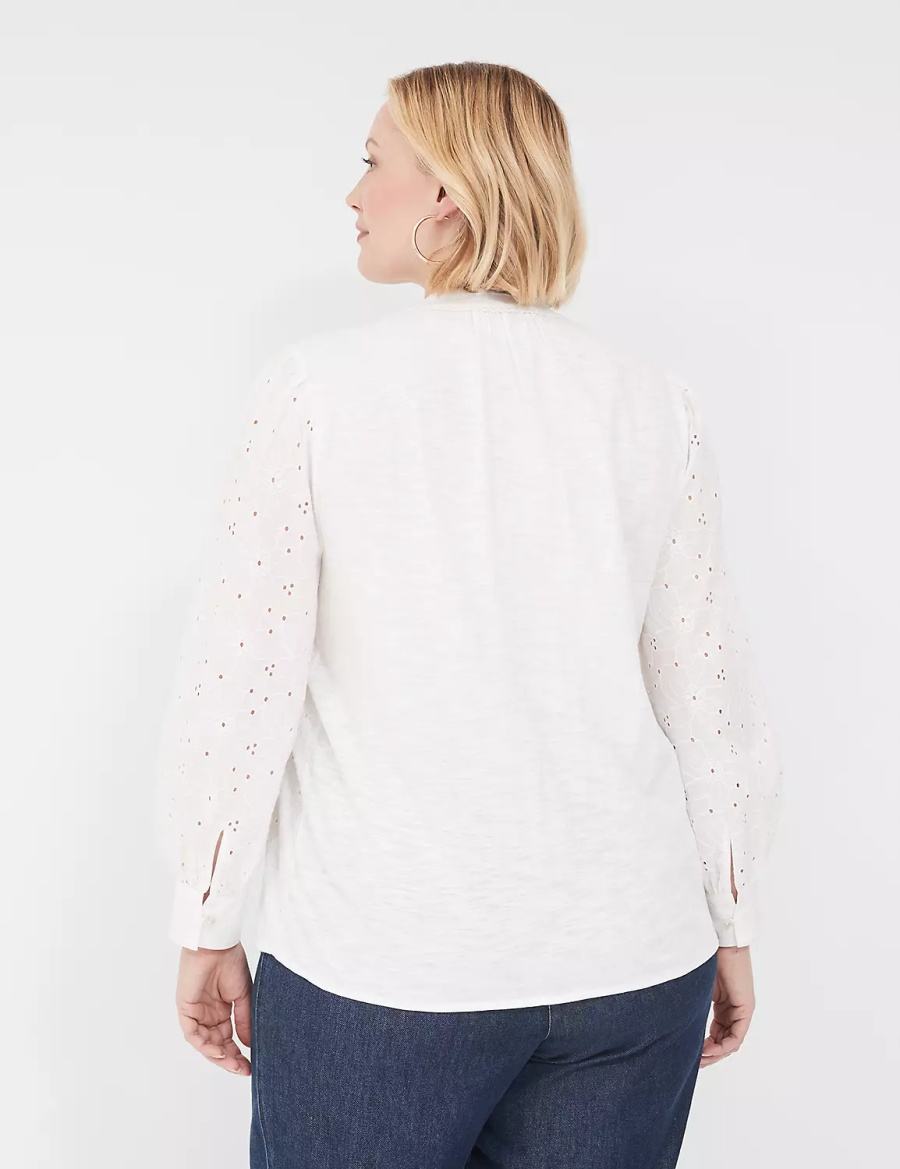 White Lane Bryant Split-Neck Eyelet & Knit Women Blouse | ZGA1876KB