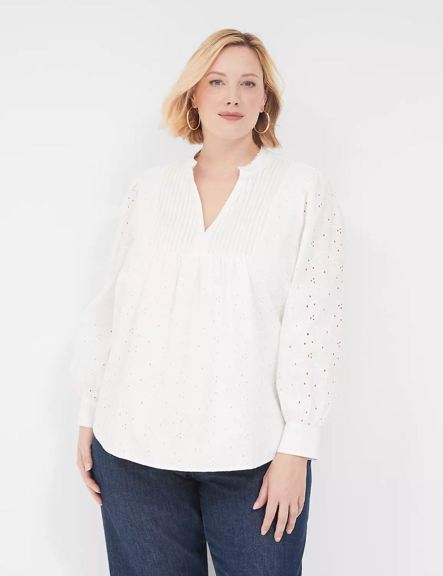 White Lane Bryant Split-Neck Eyelet & Knit Women Blouse | ZGA1876KB