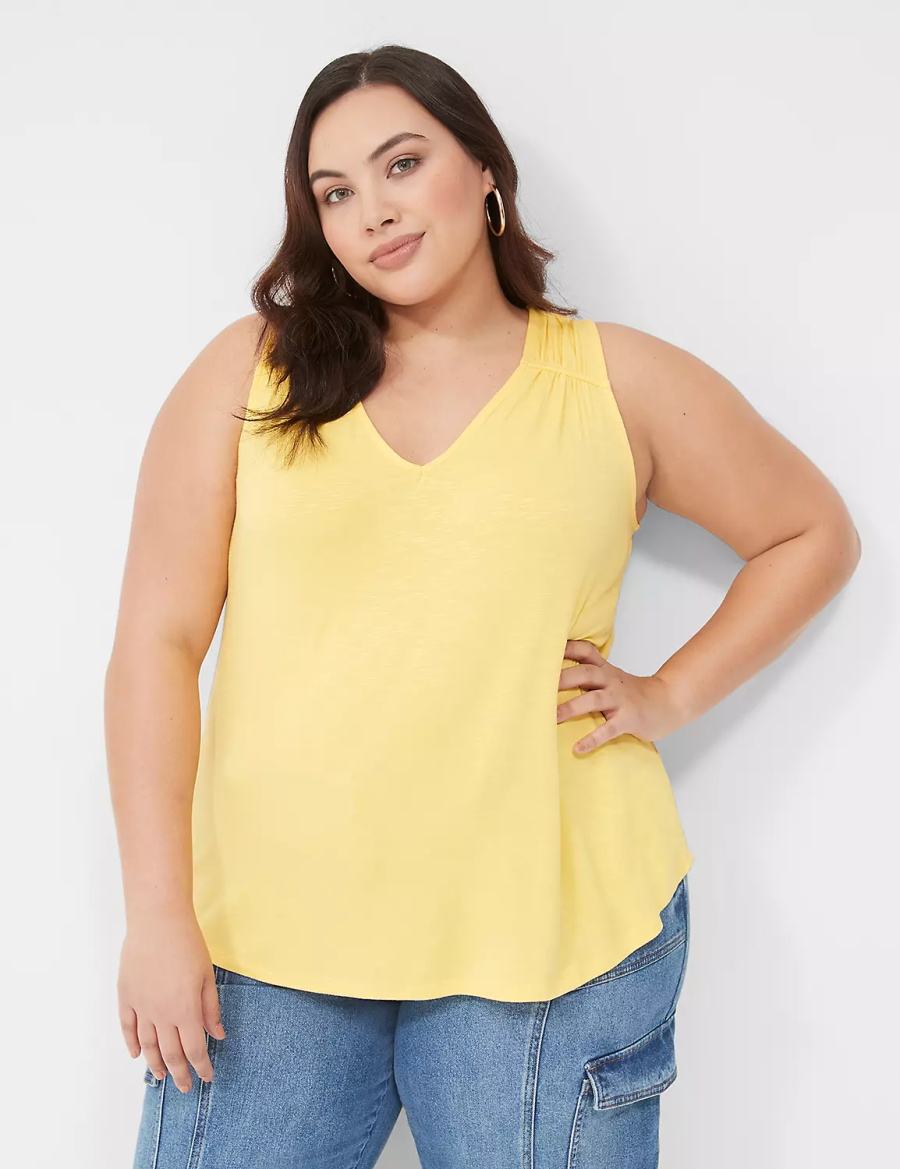 Yellow Lane Bryant Shirred-Shoulder V-Neck Women Tank Top | RTR4710MU