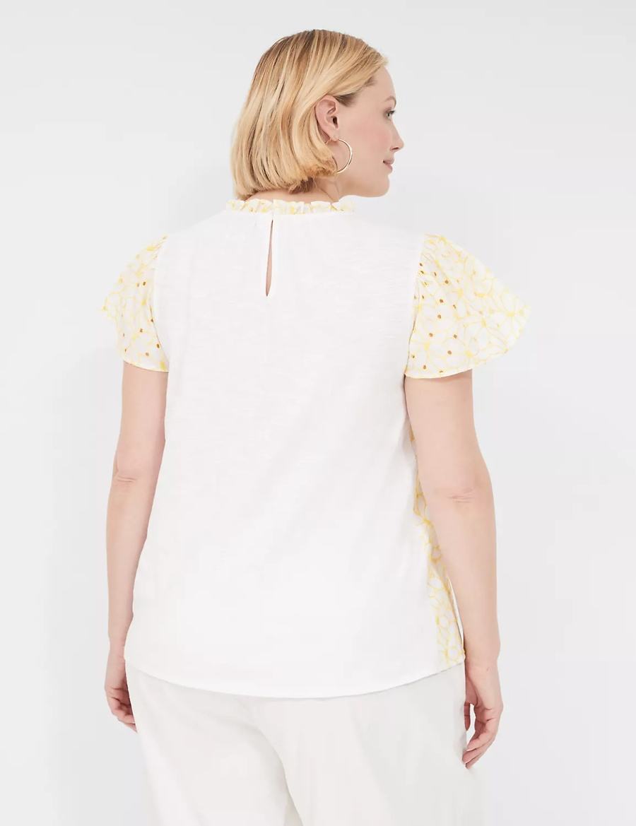 Yellow Lane Bryant Subtle Swing Cap-Sleeve Eyelet & Knit Top Women T Shirts | WWK1964NG