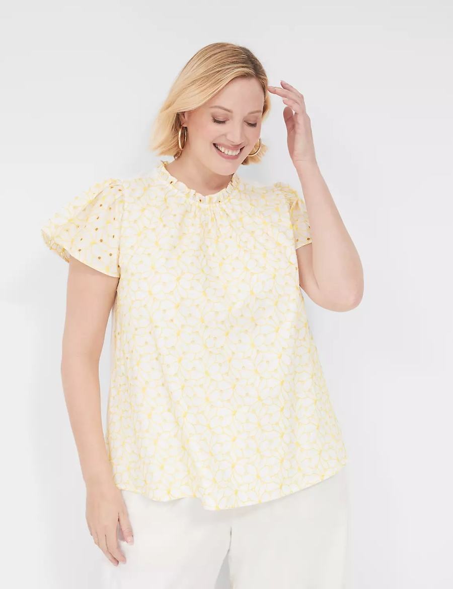 Yellow Lane Bryant Subtle Swing Cap-Sleeve Eyelet & Knit Top Women T Shirts | WWK1964NG