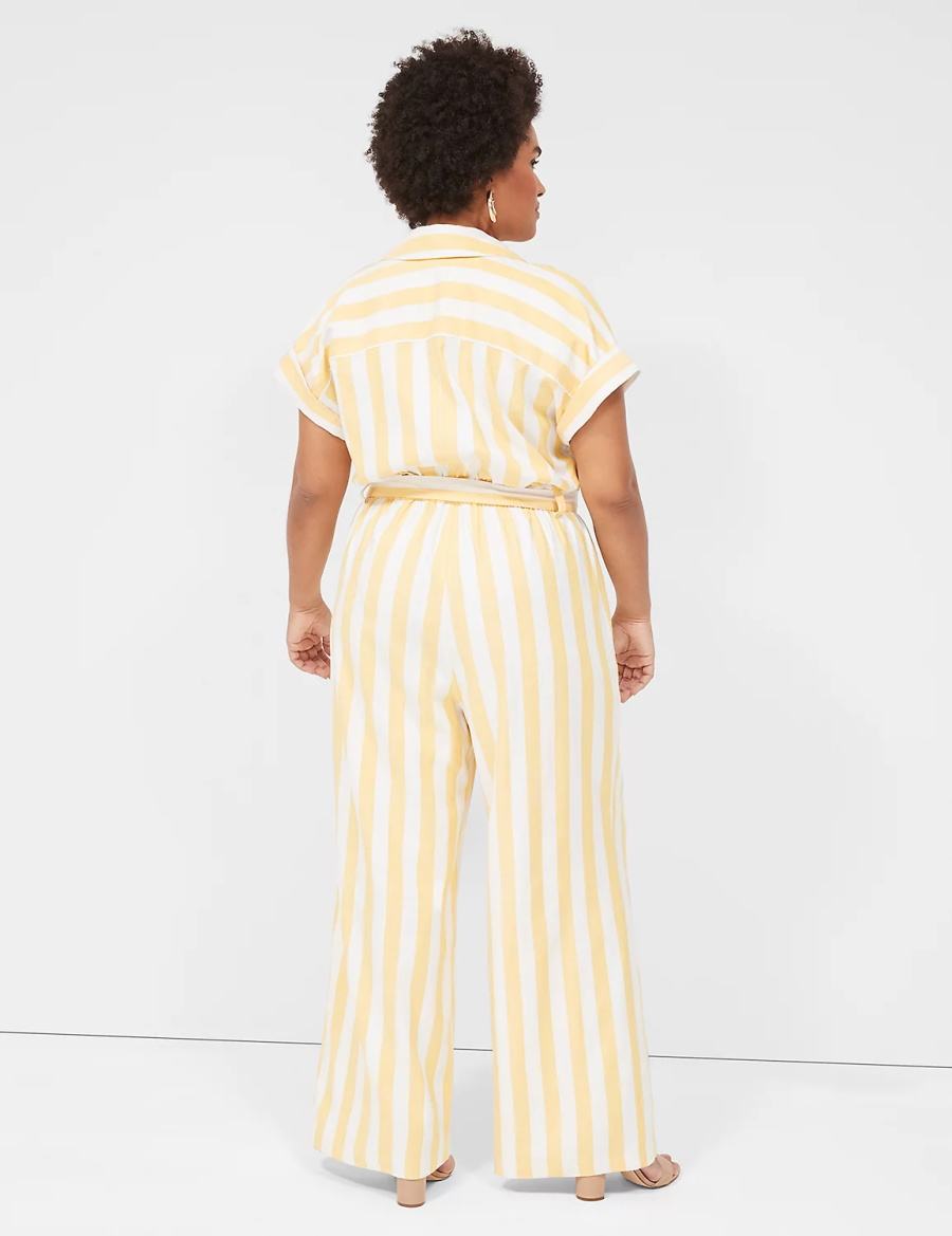 Yellow Stripes Lane Bryant Cap-Sleeve Y-Neck Utility Women Jumpsuit | JQB3424FN