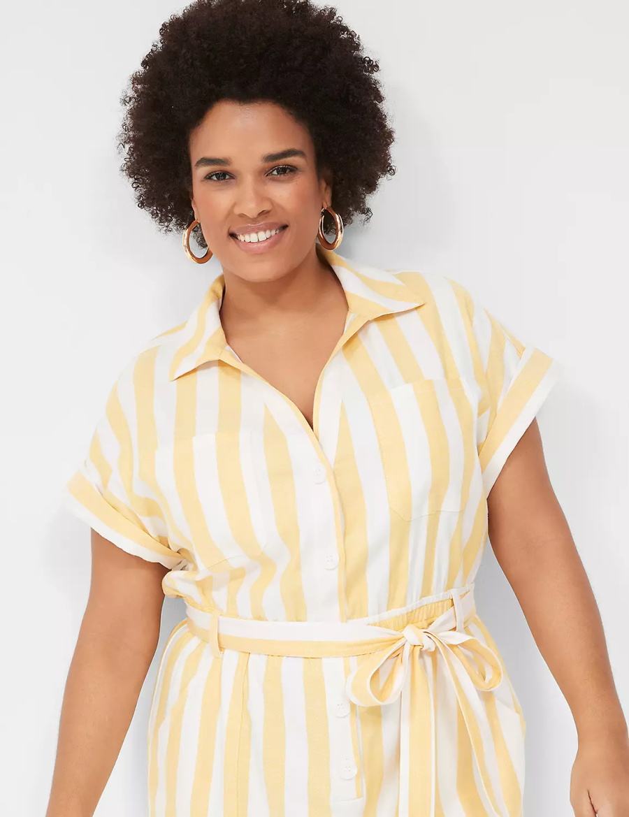 Yellow Stripes Lane Bryant Cap-Sleeve Y-Neck Utility Women Jumpsuit | JQB3424FN