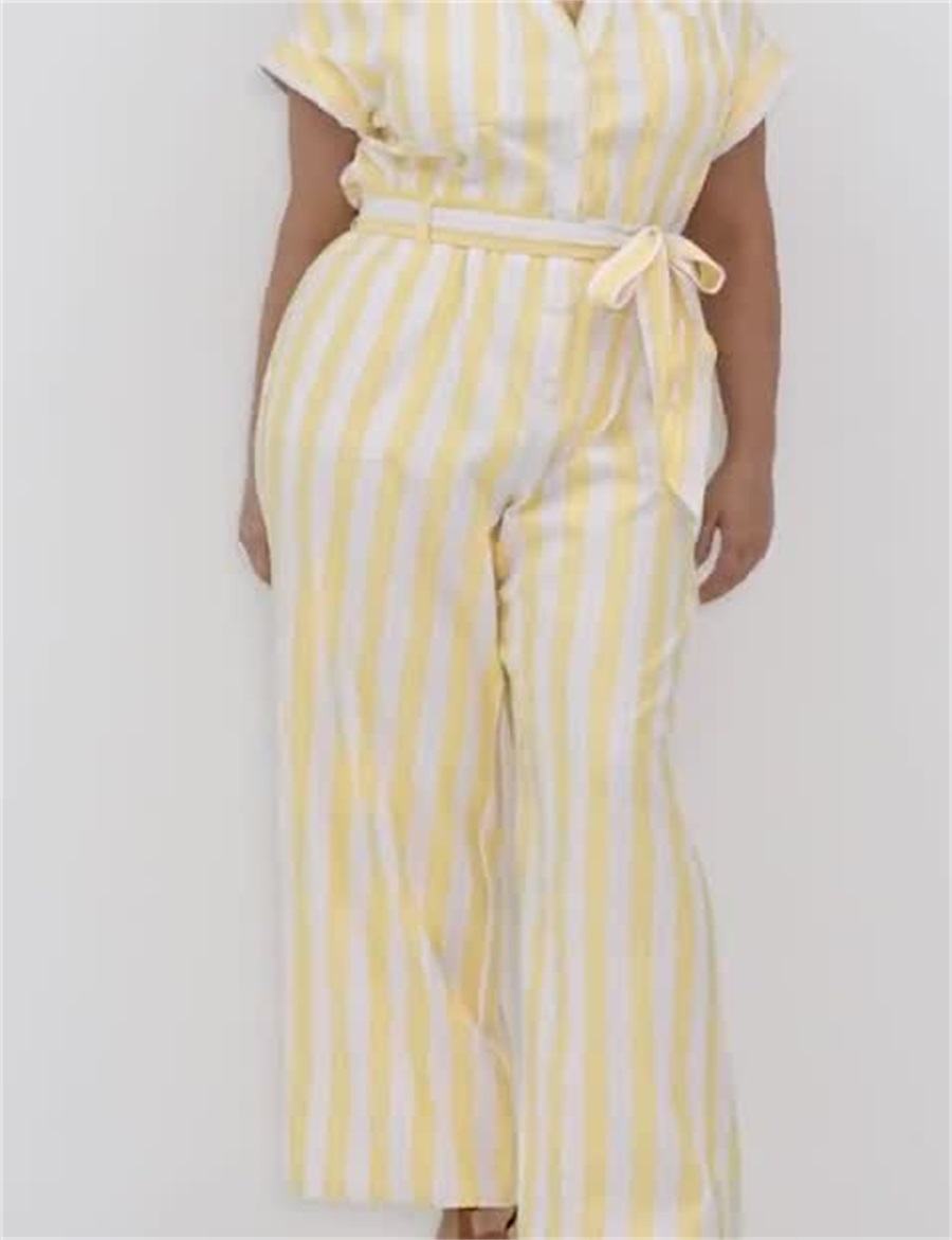 Yellow Stripes Lane Bryant Cap-Sleeve Y-Neck Utility Women Jumpsuit | JQB3424FN