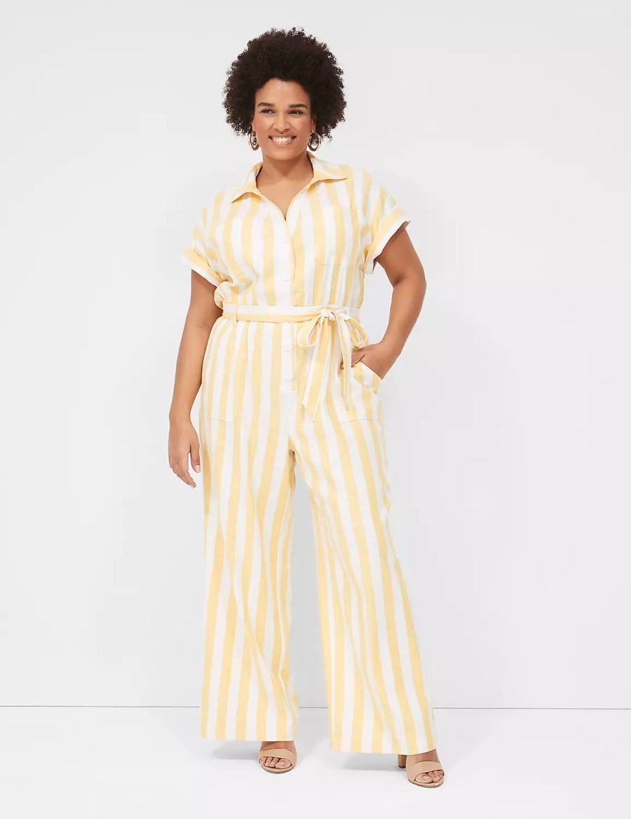 Yellow Stripes Lane Bryant Cap-Sleeve Y-Neck Utility Women Jumpsuit | JQB3424FN